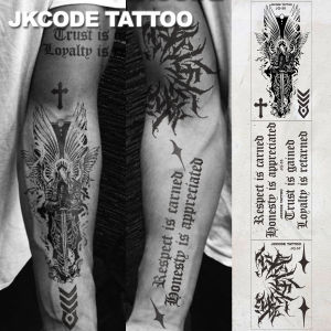 กันน้ําแขนสักMan-Guardian Knight 3 ชิ้นStreet Graffiti Tattooชุด 3 ชิ้น-ขนาดใหญ่TATTOO-สไตล์โกธิคTATTOO-เย็นสไตล์นิ้วมือสบายๆผู้ชายมือคอหัวTATTOOยาวนานกันน้ํา 3-5 วัน