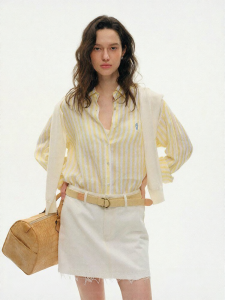 SHEITAOZI | Peach Linen Yellow Striped Embroidery Old Money Style Shirt