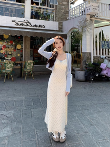 Bộ Váy Dây Gió Nhẹ Nhàng Màu Xanh Lam Dành Cho Nữ Áo Dài Tay In Hình Eo Cao Và Váy Midi Trang Phục Hai Mảnh Bằng Sợi Polyester