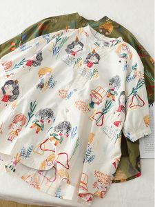 เสื้อเชิ้ตแขนสั้นผ้าฝ้ายพิมพ์ลายสไตล์ญี่ปุ่นและเกาหลีสำหรับผู้หญิงในช่วงฤดูร้อน ทรงหลวมสบาย ๆ สไตล์ฮ่องกง