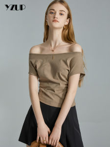 2025 New Womens T-Shirt One-Shoulder Pleated Slim Fit Short Sleeve Fashionable Versatile Korean Style Pure Color Summer Top