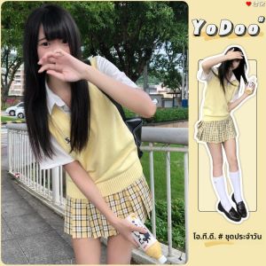 เสื้อกั๊กถักแขนกุดคอวีสไตล์ญี่ปุ่นสำหรับผู้หญิง เสื้อสเวตเตอร์คอวีแขนกุดแบบสวมหัว ชุดนักเรียนสไตล์ญี่ปุ่น ชุดนักเรียน