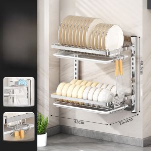 ตู้เก็บของติดผนังแบบไมโครเวฟสแตนเลสสองชั้น จัดระเบียบครัว ไม่ต้องเจาะรู ตู้เก็บของแบบหลายชั้น ระบายอากาศได้ดี สำหรับจาน จาน ชาม