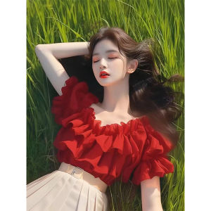 Red Chiffon Shirt Womens Short Sleeve Unique Beautiful Fairy-like One-Shoulder Top Unique Elegant Summer New Arrival