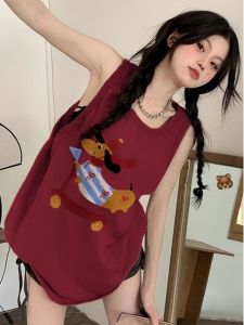 Retro American ผ้าฝ้าย สายคล้อง เสื้อกั๊ก แขนกุด ชุดบาสเก็ตบอล ผู้หญิง ฤดูร้อน เสื้อนอก เชือกรูด คอ ดีไซน์ พิมพ์ เสื้อท่อนบน