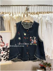 Áo Vest Denim Thêu Hoa Ngọt Ngào Cho Nữ Áo Khoác Ngoài Không Tay Dáng Rộng Đa Năng Phong Cách Ngọt Ngào Mùa Xuân 2024