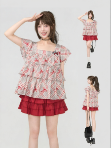 KEIKO | Ruffled Short Sleeves Retro Gingham Blouse