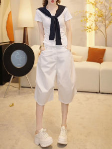 Shalldoer | Summer Casual Outfit Womens Navy Collar Short Sleeve T-Shirt Wide Leg Pants Two-Piece Set Elegant Casual Wear For Teens