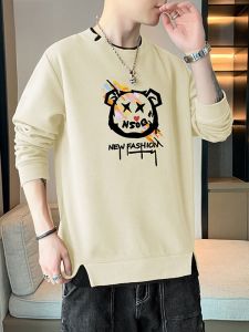 ROMON | Loose Long Sleeve Round Neck Mens Hoodie Fake Two-Piece Casual Comfortable Breathable Antibacterial Printed T-Shirt Top
