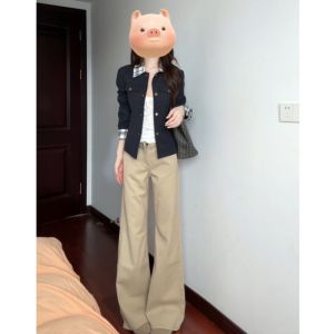 Quần Jeans Ống Thẳng Màu Kaki Cạp Thấp Cho Nữ Quần Ống Loe Ôm Dáng Thu Đông Quần Jeans Denim Cao Cấp Dài Dài Thường Ngày