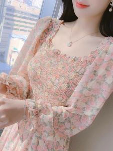 ชุดเดรสยาวผ้าชีฟองแขนยาวลายดอกไม้สไตล์ฝรั่งเศส ทรงเอเข้ารูป กระโปรงทรงเอ ฤดูใบไม้ร่วง 2024 แฟชั่นผู้หญิง