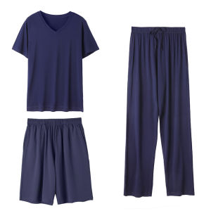 Mens Bamboo Fiber Sleepwear Summer Thin Ice Silk Short Sleeve Modal Home Clothes Set Large Size Comfortable Breathable
