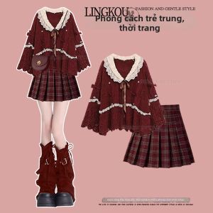 NUMEN BUTTON | Bộ Áo Len và Chân Váy Đỏ Elegent Dành Cho Giáng Sinh eo Cao