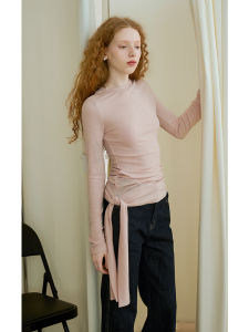 เสื้อยืดแขนยาวผ้าไหมลินินฤดูใบไม้ผลิสำหรับผู้หญิง ดีไซน์เรียบง่าย ดีเทลริบบิ้น ทรงสลิมฟิต ปกติ คอตั้ง เสื้อผ้าทำงาน