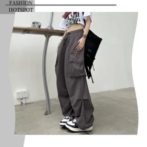 QXshop ลดพิเศษ กางเกงแฟชั่นขายาว ทรงคาร์โก้ มินิมอล ดีเทล กระเป๋าด้านข้าง สไตล์ Y2K วัสดุผ้าร่ม เอวยางยืด รุ่นใหม่ วัยรุ่นเทสดี ต้องมีติดต่อ