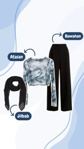 One Set Wanita Hijab Kekinian Paris Premium & Baju Crop Top Vintage & Celana Kulot Hitam Crinkel 22B