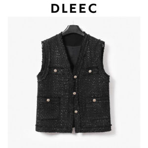 DLEEC High-End Shiny Thread Black Tweed Stylish Commute Vest Super Slimming Personality Vest New Womens Fashion Jacket