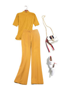 Yellow High Waist Casual Pants Spring Autumn Womens Fashion Ins Slimming Versatile Long Trousers Polyester Spandex Blend