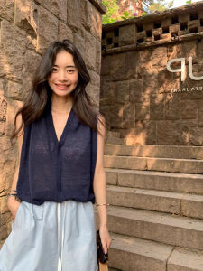 Linen Ice Silk Sweater Figure Flattering V-neck Tops Easiest for Match Pure Color Idle Style Elegant Bottoming Shirt Sleeveless Vest for Women