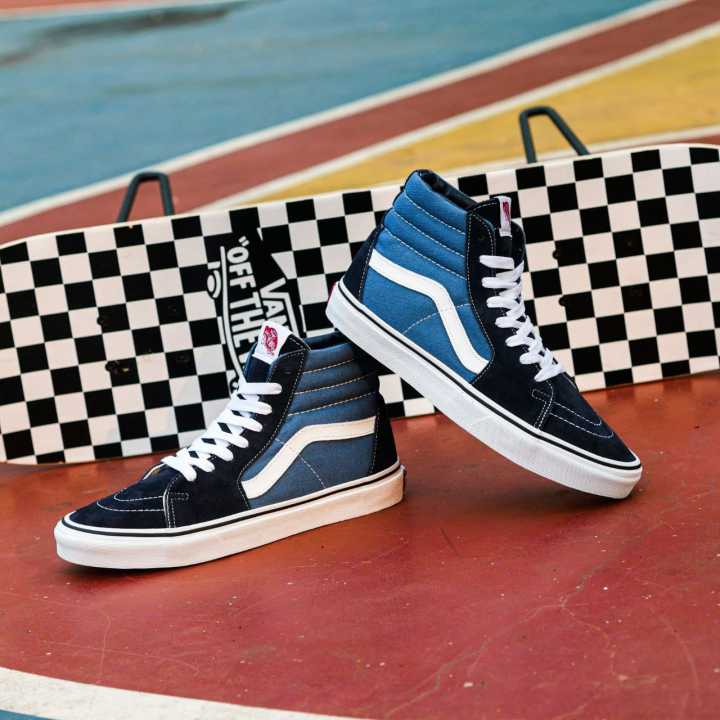 Original Sepatu Vans SK8 Hi Classic Navy White, Sepatu Pria