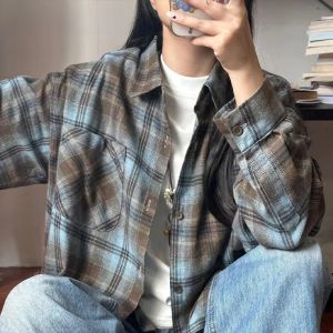 HetingHOME | Hetinghome Plaid Long Sleeve Loose Mens Shirt Autumn Trendy Brand Couples Clothing Youthful Style Artistic Flavour Polyester Cotton Blend