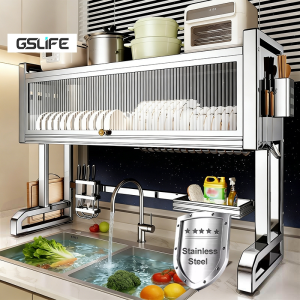 GSlife Stainless Steel Over Sink Dish Rack with Cover Rustproof Dish Drying Rack for Space Saving Drying
