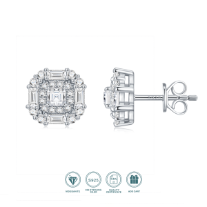 JIUZUAN S925 Sterling Silver Moissanite Stud Earrings for Women Vintage Emerald Cut Multi Layer Halo Design Elegant Jewelry