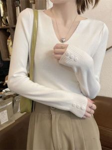 เสื้อชั้นในคอวีทรงเข้ารูปสไตล์เกาหลีสำหรับผู้หญิงในฤดูใบไม้ร่วงและฤดูหนาว เสื้อชั้นในแขนยาวแบบสวมหัว ผ้าขนแกะผสมโพลีเอสเตอร์