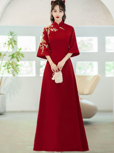 New Chinese Style Wedding Dress Maternity Dress Cover Belly Large Size Satin Finish Engagement Qipao Improved One Piece Dress