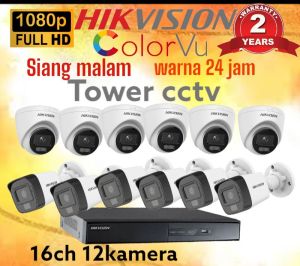PAKET CCTV HIKVISION COLORVU 16 CHANNEL 12 KAMERA 2MP 1080P FULL COLOR SIANG MALAM