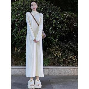 Loose Long Knitted Dress Womens Autumn Fashion 2026 New Style High Waist Soft Viscose Fiber Casual Long Sleeve A-Line Dress