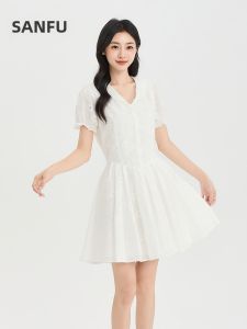 SANFU | Patched Mesh Wooden Ear Sleeve V-Neck Dress