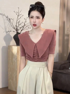 French Style Large Lapel Pleating Short Sleeve T-shirt Female 2024 Summer Stylish Niche Style Doll Collar Easiest for Match Anti-Aging Top