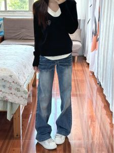 Quần Jeans Denim Ống Thẳng Lưng Thấp Cho Nữ Mùa Thu Quần Dài Ôm Dáng Rộng Cổ Điển Có Nút Cài Màu Xanh Denim