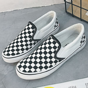 Trendy Black White Plaid Canvas Shoes Mens Fashion Board Shoes Korean Style Breathable Casual Low Top Sneakers