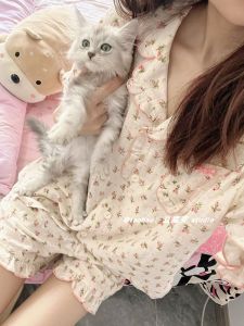 Sweet Floral Ins Girl Summer Lightweight Sleepwear Set with Short Sleeves and Shorts Two-Piece Home Service Ensemble