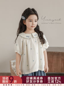 Cute Embroidered Doll Shirt for Girls Summer Casual Cotton Blend Bubble Sleeve Curly Tooth Horse Hoof Turn Collar Baby Clothes