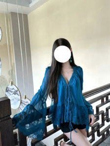 Autumn Bell Sleeve Blue Lace Patchwork V-neck Lace up Loose Tops Womens New Arrival Pure Desire Chic Socialite Shirt