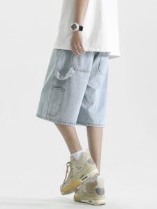 Trendy American Loose Straight Leg Jeans Shorts Mens Summer Thin Casual Five-Point Pants Versatile Light Blue Cotton Shorts