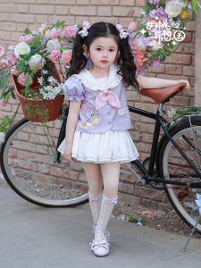 Girls Sailor Suit Set Doll Collar Puffy Short Skirt Baby Outfit Two-Piece School Uniform Style Summer Casual Lightweight
