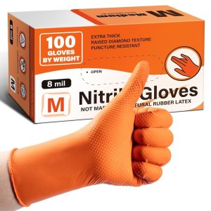 50PCS Heavy Duty 8Mil Orange Nitrile Gloves Disposable Raised Diamond Texture Gloves for Construction Industrial Mechanic Auto