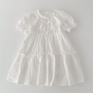2025 Summer New Baby Girls Dress Girls Sweet Girl Dress White Party Ruffle Trim Party Princess Dress Lace Collar Dresses Clothes