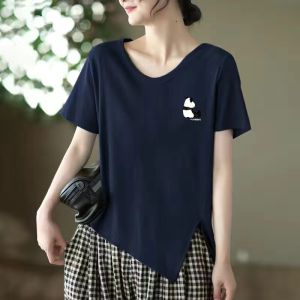 Pure Cotton Summer New Arrival Asymmetrical Short Sleeve T-Shirt Womens Loose Easiest for Match Plus Size Fat Sister K-style T-shirt Tops