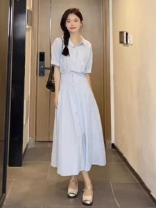 ชุดเดรสลายทางสไตล์ฝรั่งเศสไซส์ใหญ่สำหรับผู้หญิงในช่วงฤดูร้อน คอโปโล แขนสั้น ทรงหลวม กระโปรงทรงเอ ทรงเข้ารูป