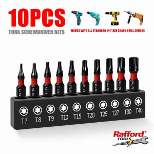 Rafford 10Pcs Impact-Resistant S2 Steel Safety Torx Bits 25mm Magnetic Non-Slip High Hardness Wear-Resistant Screwdriver Bit Set