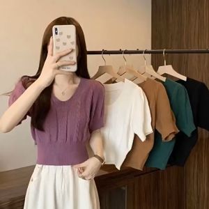 Crop Blouse Wanita Lengan Balon Bahan Rajut / Crop Short Sleeve Knit Atasan Wanita Lengan Pendek Polos / Baju Rajut Kekinian Fashion SM P371