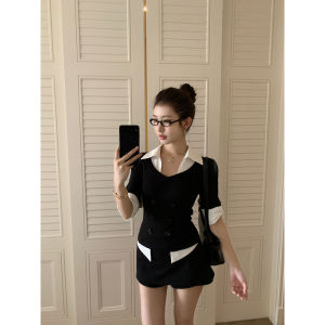 Stylish Unique French Style Black Illusion Two-Piece Shirt