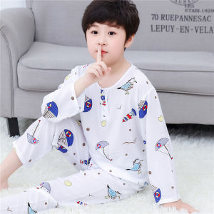 Childrens Cotton Silk Sleepwear Summer Thin Long Sleeve Home Clothes Set Breathable Comfortable Male Female Kids Pajamas