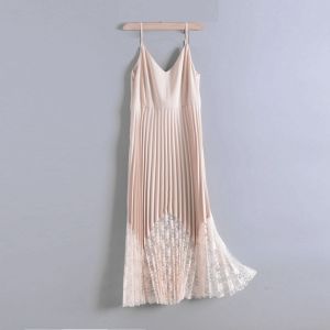 Summer 2024 Womens Chiffon Halter Dress Midi Length Lace Splicing A-Line Base Skirt Korean Style High Waist V-Neck Sleeveless