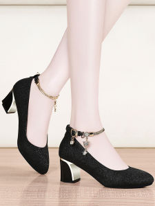 รองเท้าส้นสูงหนังแท้สีดำสำหรับผู้หญิง รองเท้าส้นกลางฤดูใบไม้ผลิและฤดูใบไม้ร่วง รองเท้าส้นแบนสำหรับใส่ไปงานปาร์ตี้ในช่วงฤดูร้อน